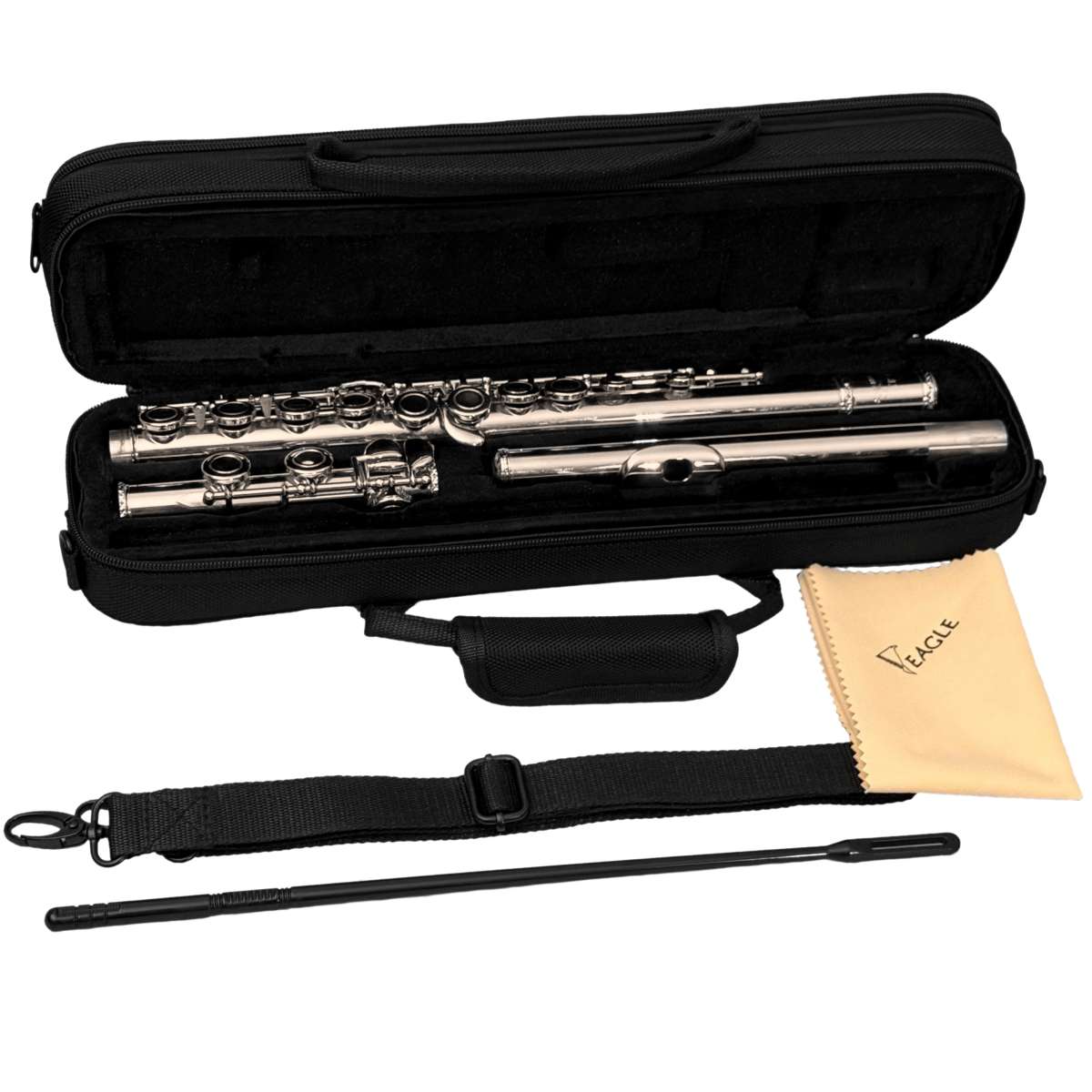 estojo-flauta-transversal-eagle-pro-series-fl03-detalhe07 estojo aberto na cor preta de flauta transversal prateada eagle fl03s e acessorios