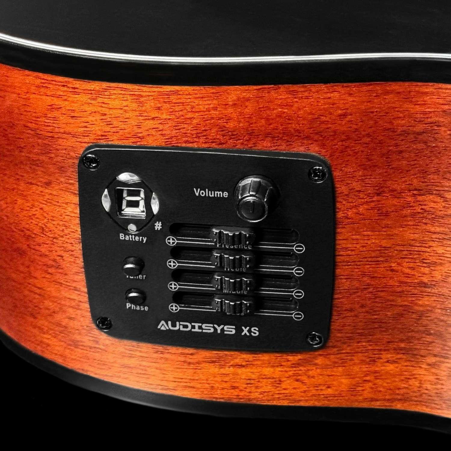 hmf248b-violao-folk-eletroacustico-tampo-preto-hofma-preto-natural-acetinado-detalhe03 violão folk eletroacústico tampo preto acetinado hofma hmf248b detalhe pre amplificador audisys xs